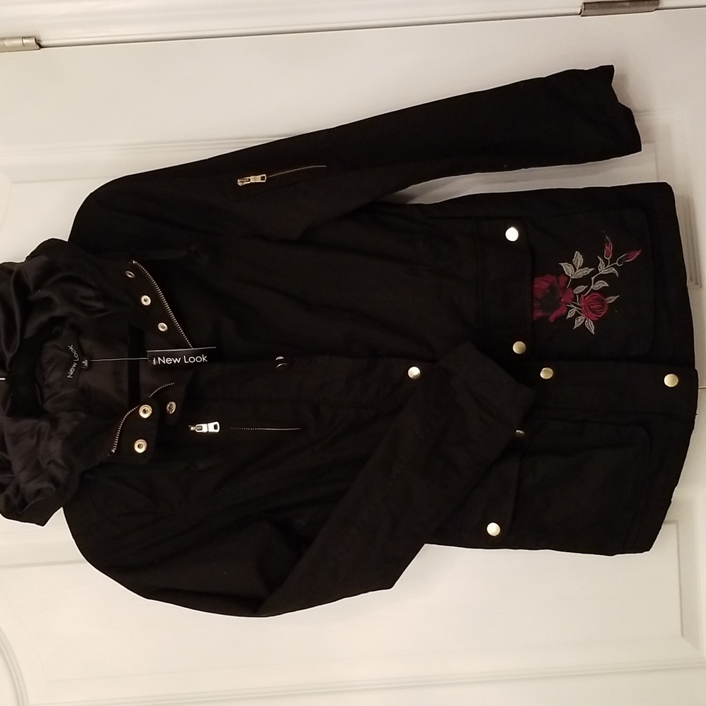 New! Hooded Jacket S Drawstring Waist Flower Pocket